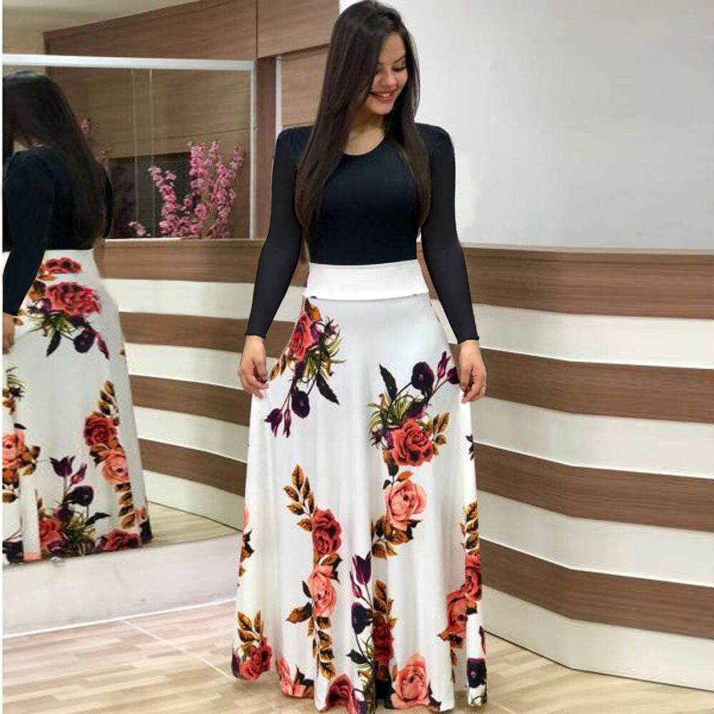 Women's Flowing Maxi Skirt with High Waist and Large Floral Print Mune Fashion
