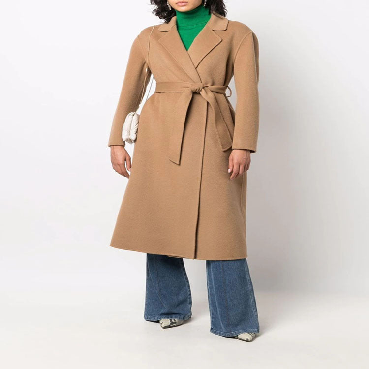 Women's midi wrap coat made of wool-cashmere blend with shawl collar and tie belt Mune Fashion
