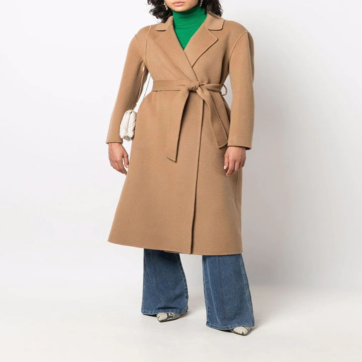 Women's midi wrap coat made of wool-cashmere blend with shawl collar and tie belt Mune Fashion