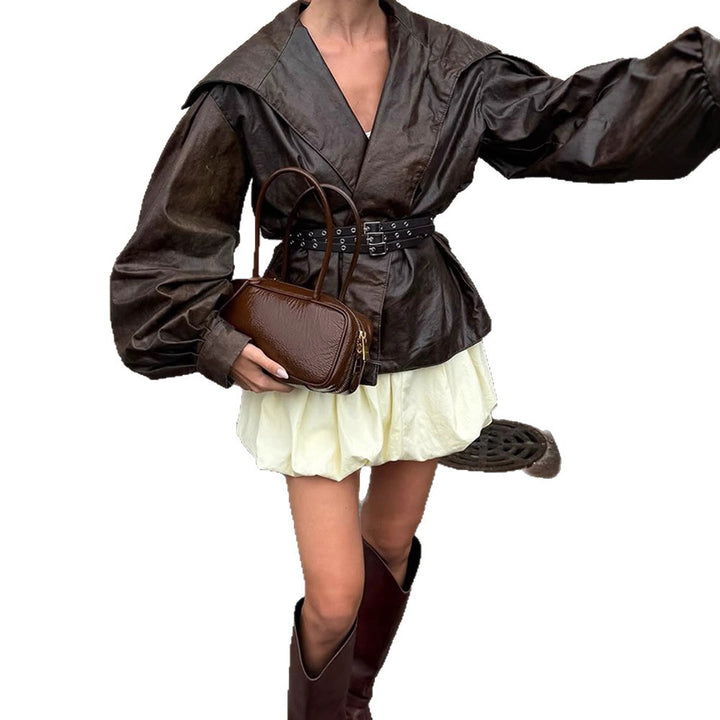 Women's Tailored Faux Leather Blouson with Wide Shawl Collar, Voluminous Balloon Sleeves and Double Studded Belt Mune Fashion