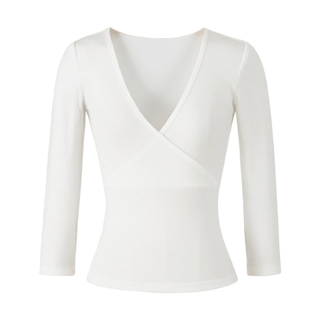 Women's figure-hugging wrap top made of stretch jersey with deep V-neck and tailored silhouette.