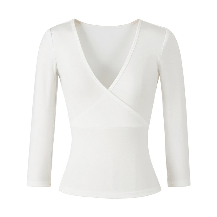 Women's figure-hugging wrap top made of stretch jersey with deep V-neck and tailored silhouette.