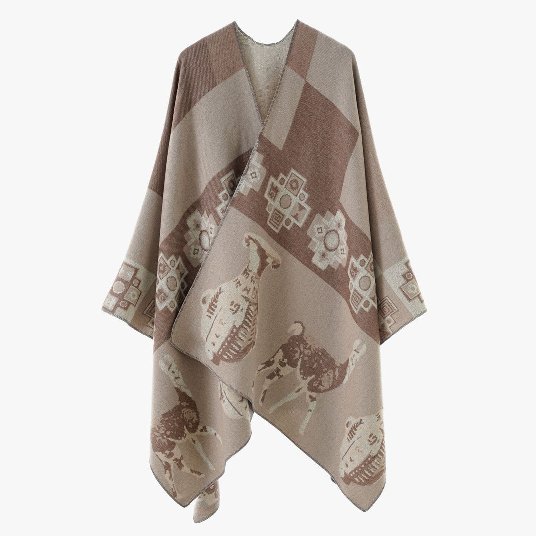 Women's jacquard knit poncho with ethnic animal motifs and open kimono cut Mune Fashion