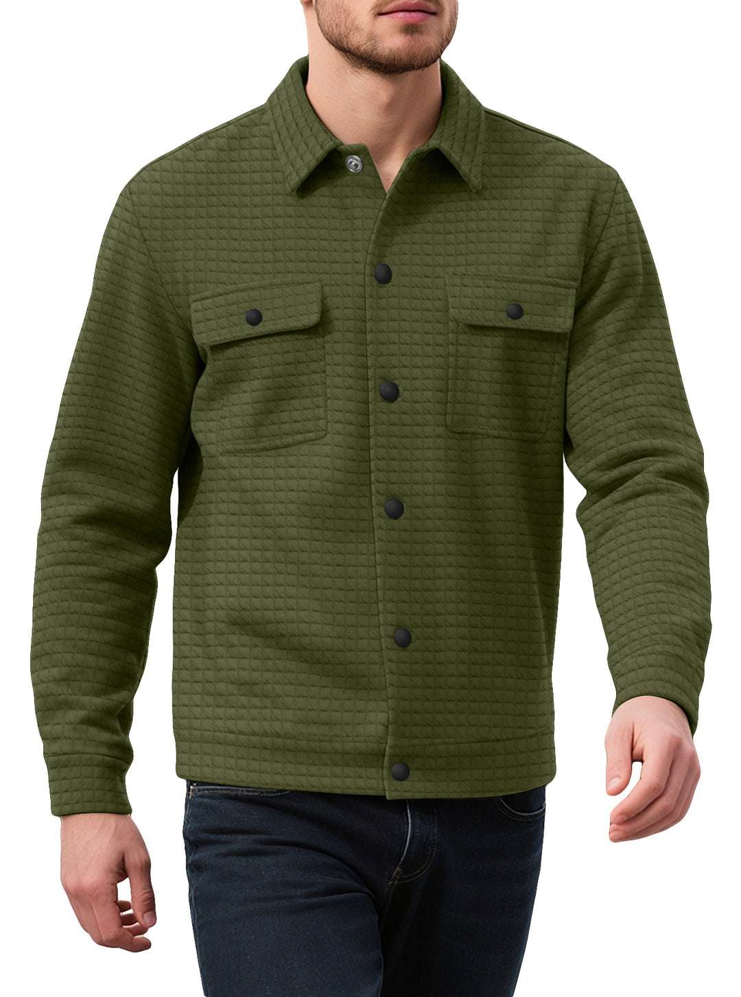 Men's quilted shirt jacket in overshirt style with snap button placket and applied chest flaps Mune Fashion
