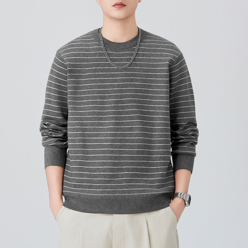 Men's fine-knit sweater with subtle horizontal stripes and ribbed finishes