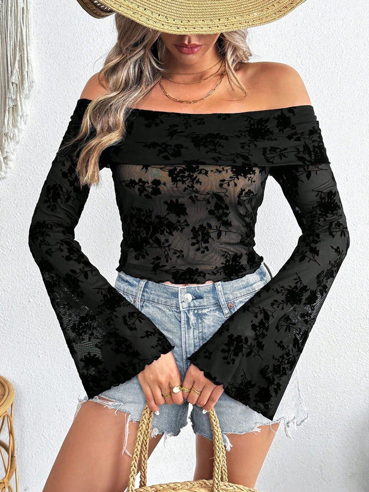 Women's Off-Shoulder Mesh Top with Floral Velvet Flock Application, Cropped Belly-Baring Cut and Trumpet Sleeves Mune Fashion