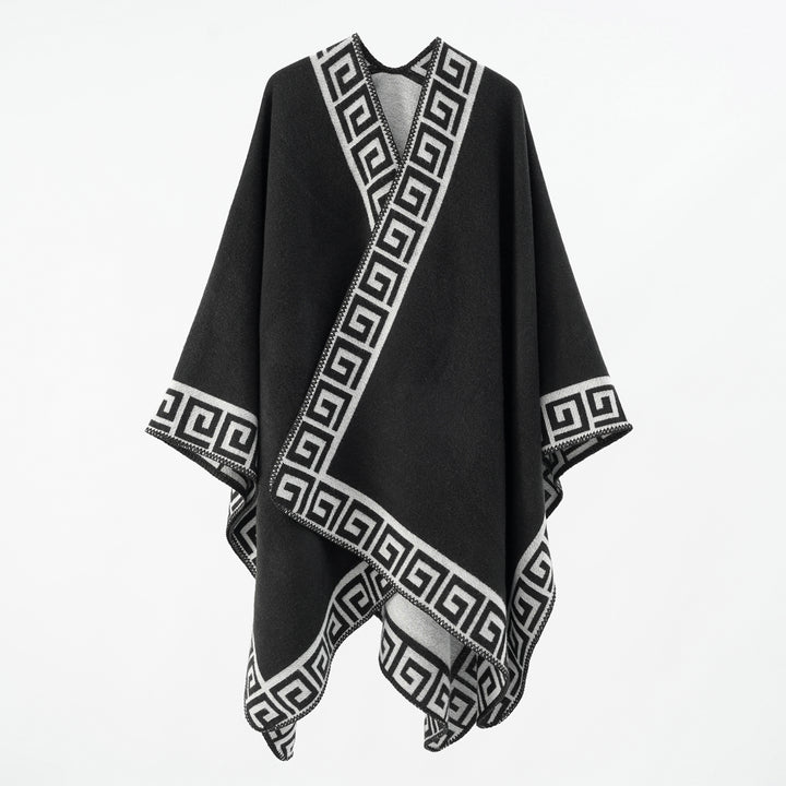 Women's Cape Poncho with Meander Border and Wool Mix Quality Mune Fashion