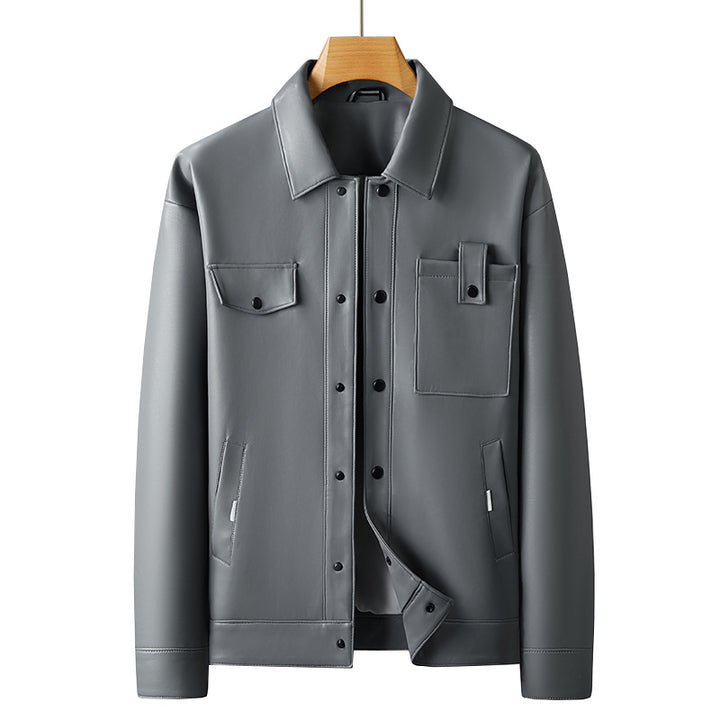 Men's Faux Leather Overshirt Jacket with Utility Chest Pocket and Snap Button Placket Mune Fashion