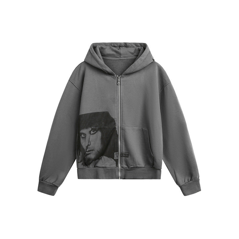 Unisex hooded zip jacket in boxy cut with large portrait print Mune Fashion