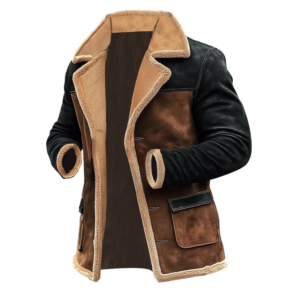 Men's Long Faux Shearling Coat with Shawl Collar, Contrast Sleeves, and Flap Pockets Mune Fashion