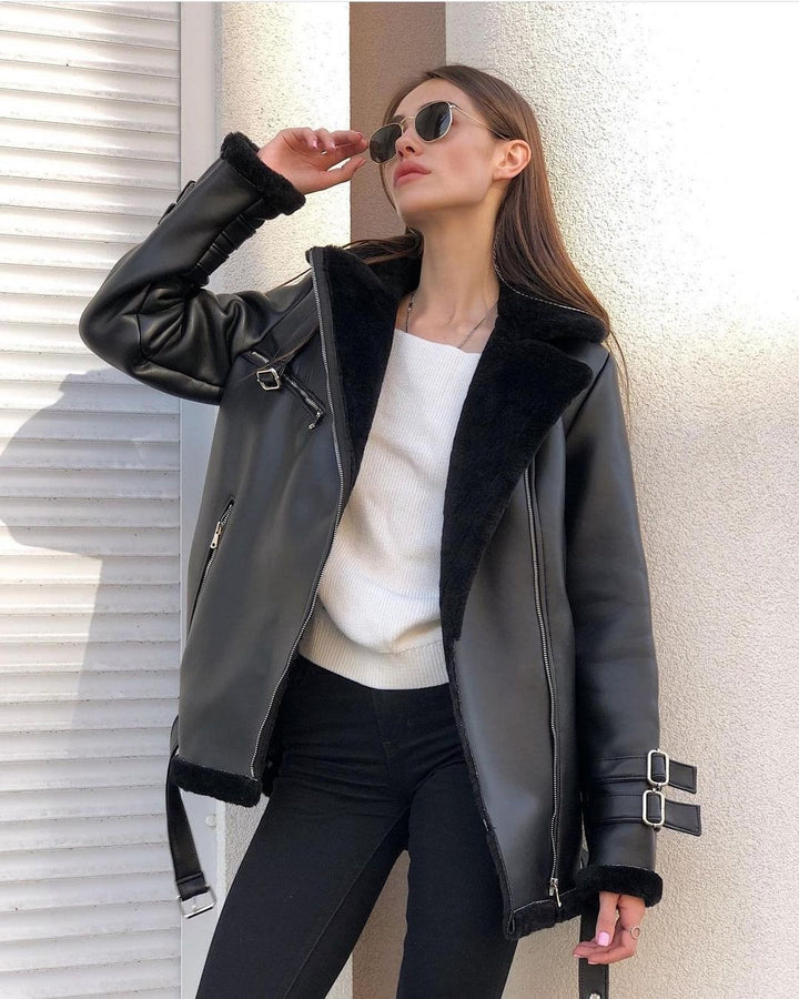 Women Oversized Faux Leather Pilot Jacket with Teddy Fur Lining and Buckles Mune Fashion