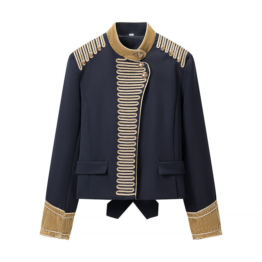 Women's Short Blazer in Marshall Style with Embellished Gold Galloons and Stand Collar Mune Fashion