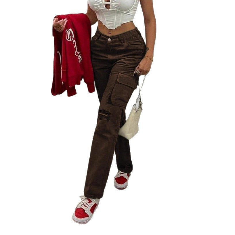 Women's cargo jeans with high waist, straight leg, knee rips, and patch cargo pockets Mune Fashion