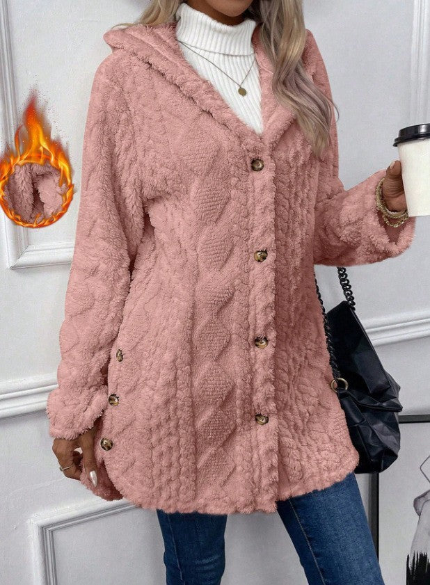 Women's hooded teddy coat with cable pattern, decorative buttons and warm fleece lining Mune Fashion