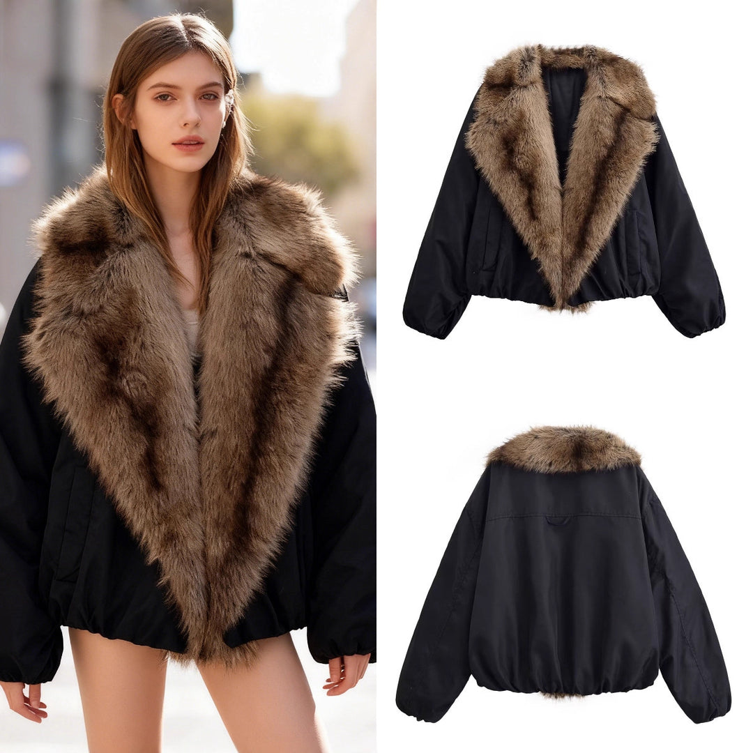 Ladies Short Quilted Bomber Jacket with Voluminous Faux Fur Shawl Collar Mune Fashion