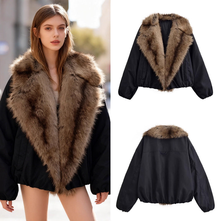 Ladies Short Quilted Bomber Jacket with Voluminous Faux Fur Shawl Collar Mune Fashion