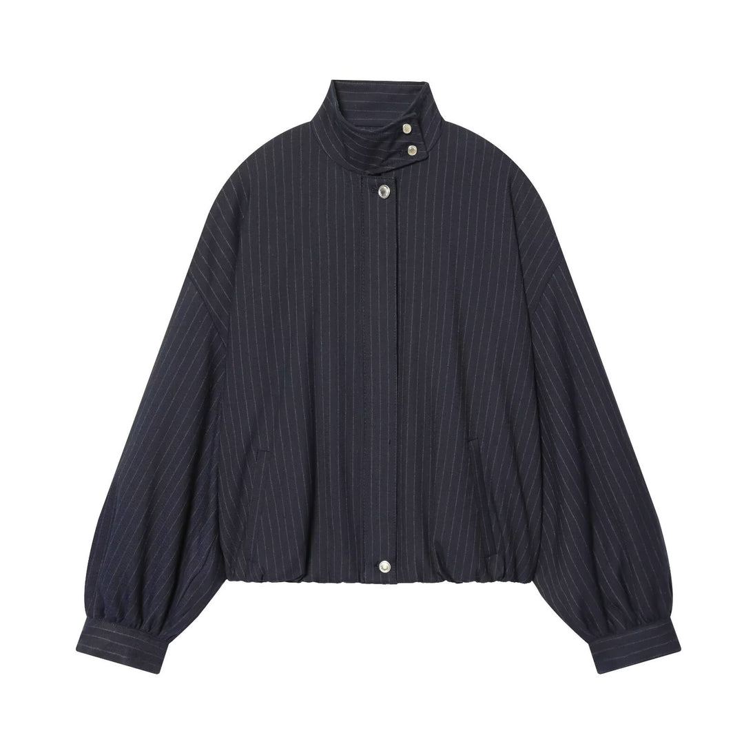 Ladies Short Pinstripe Blouson Jacket with Stand Collar, Balloon Sleeves and Elastic Hem Mune Fashion