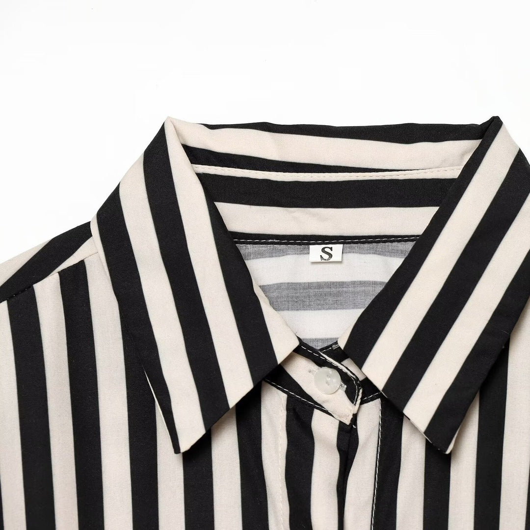 Women Long Sleeve Shirt with Vertical Stripes and Waist Tie Mune Fashion