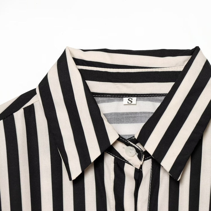 Women Long Sleeve Shirt with Vertical Stripes and Waist Tie Mune Fashion