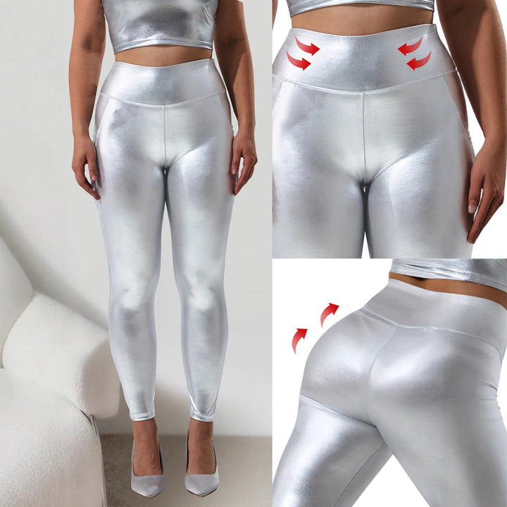 Women's Shiny High-Waist Capri Leggings with Smartphone Side Pocket Mune Fashion