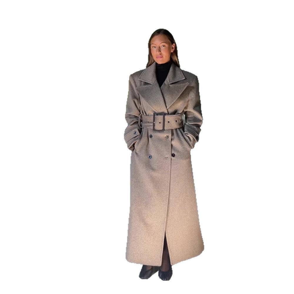 Women Maximal Wool Coat with Double-Breasted Button Placket and Wide Waist Belt Mune Fashion