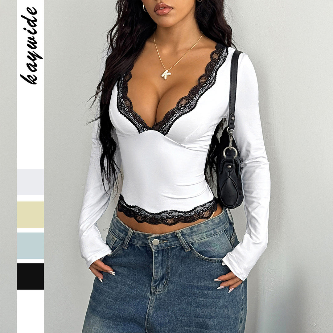 Women's elegant lace long sleeve crop top with deep V-neckline and body-hugging fit Mune Fashion