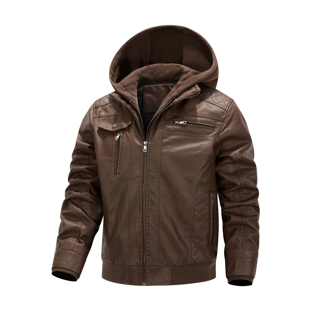 Men's Faux Leather Biker Jacket with Removable Hood Panel and Quilted Side Panels Mune Fashion