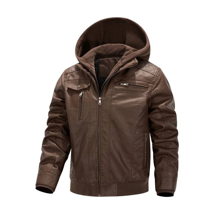 Men's Faux Leather Biker Jacket with Removable Hood Panel and Quilted Side Panels Mune Fashion