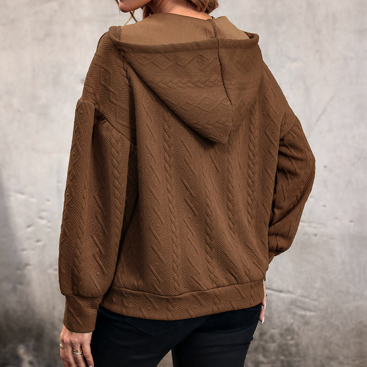 Women's Structured Cable Knit Hooded Sweatshirt with V-Neck and Balloon Sleeves Mune Fashion