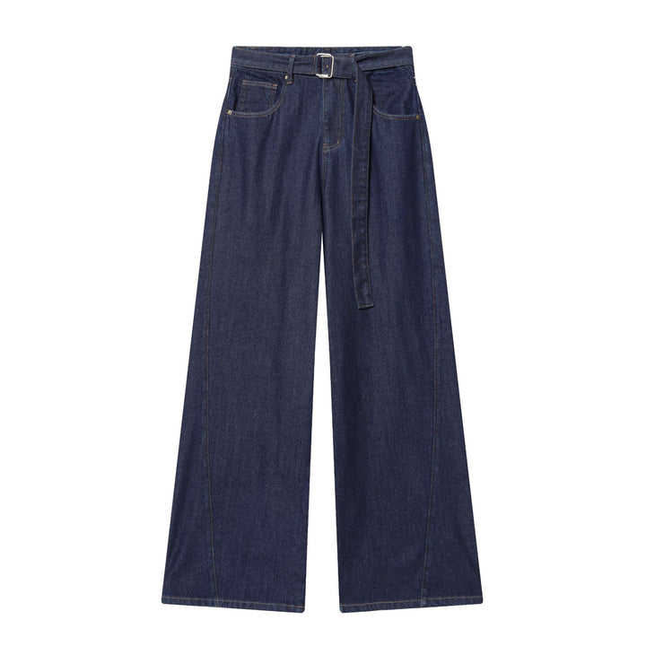 Women high-waisted jeans with wide leg, fabric belt and large front pockets Mune Fashion