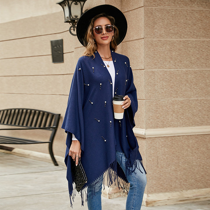 Women Elegant Embroidered Wool Blend Poncho Cape with Bead Trim Mune Fashion
