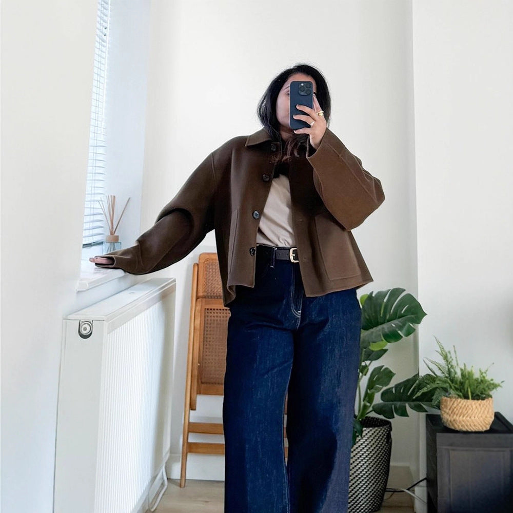 Women Short Wool Blend Blazer with Boxy Silhouette and Extra Long Sleeves Mune Fashion
