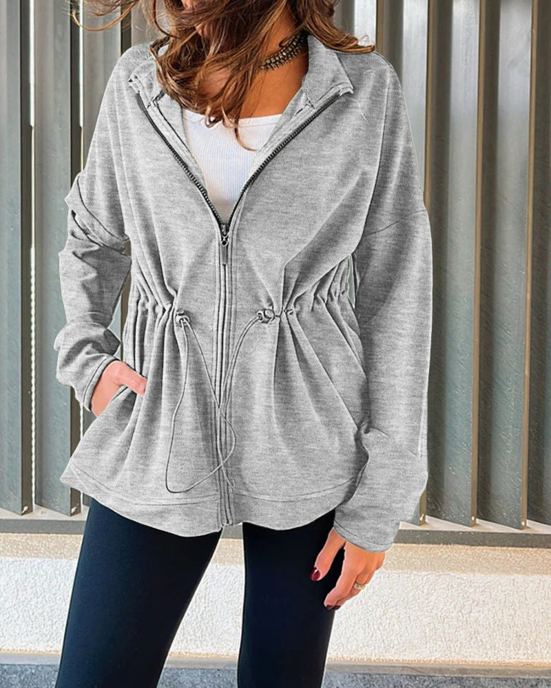 Women’s hooded jacket with waist drawstring, zipper, and side pockets Drune