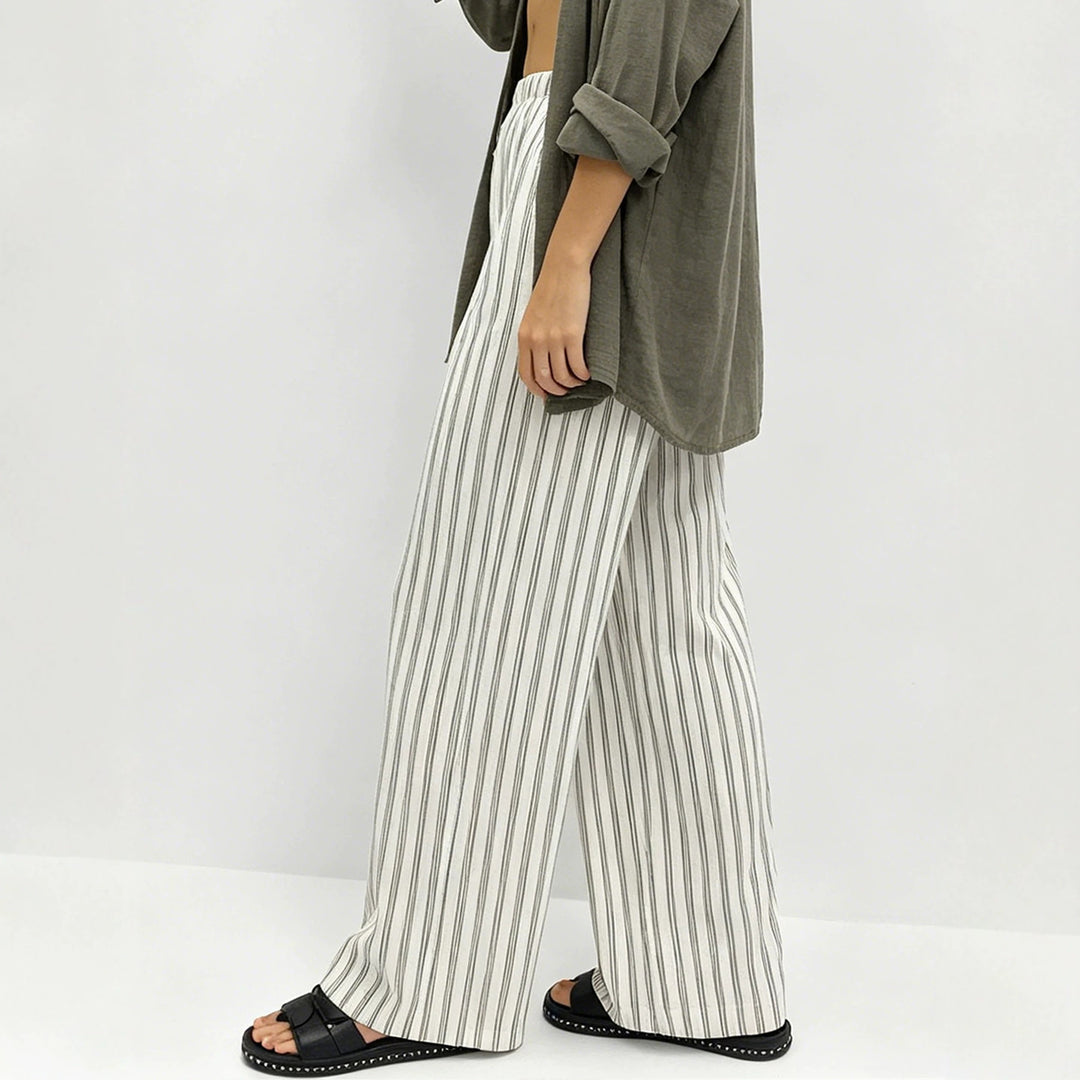 Women's Striped Loose Linen Look Palazzo Pants with Elastic Waistband and Drawstring Mune Fashion