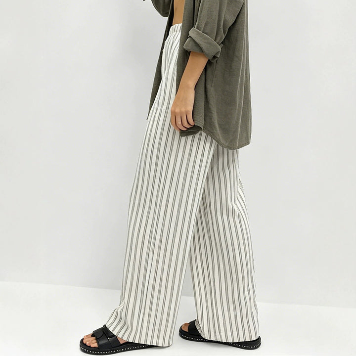 Women's Striped Loose Linen Look Palazzo Pants with Elastic Waistband and Drawstring Mune Fashion