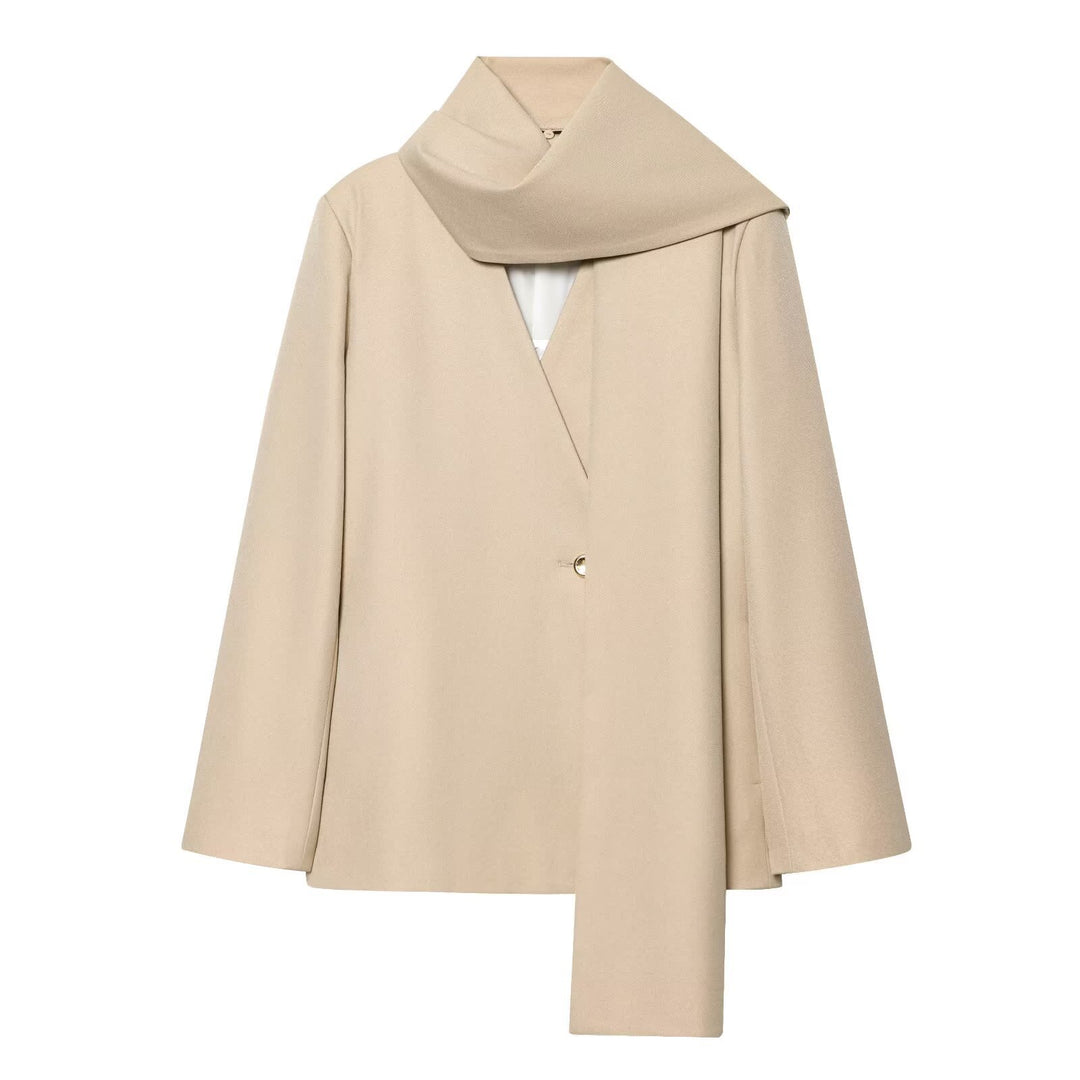 Women's Cape Coat with Integrated Shawl Collar and One-Button Closure Mune Fashion