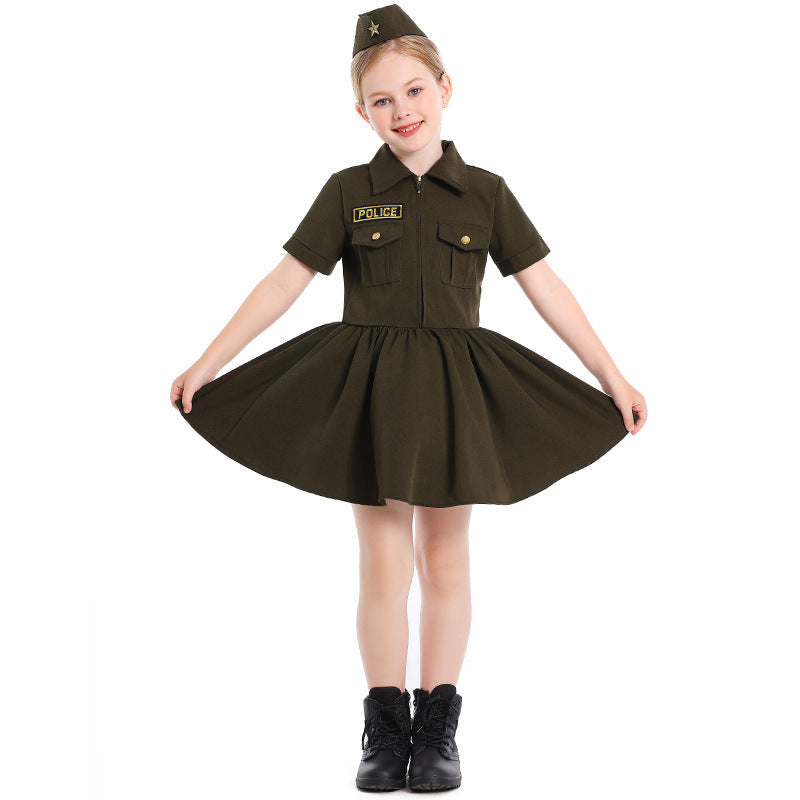 Girl Police Costume Dress with Skirt and Hat Mune Fashion