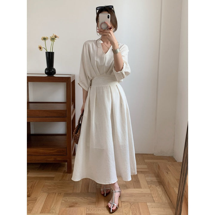 Women's Linen Look Midi Dress with V-Neck, Three-Quarter Sleeves, and Tailored Waist Mune Fashion