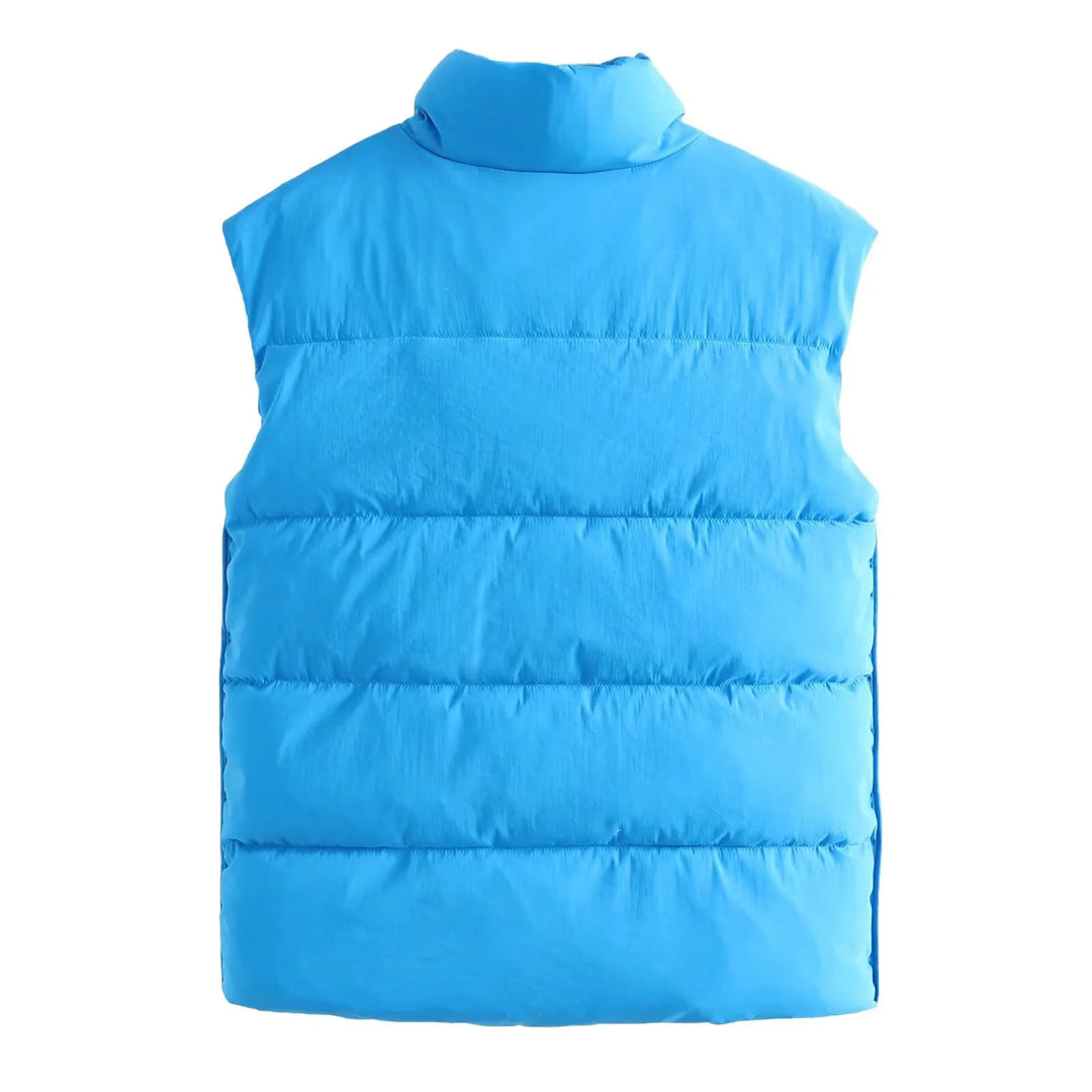 Women's sleeveless padded quilted vest with high stand-up collar and snap button closure Mune Fashion