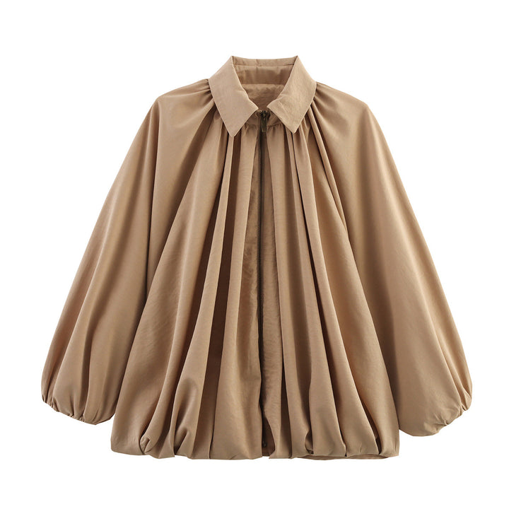 Women's satin cape blouse with zipper, balloon sleeves and gathered hem Mune Fashion
