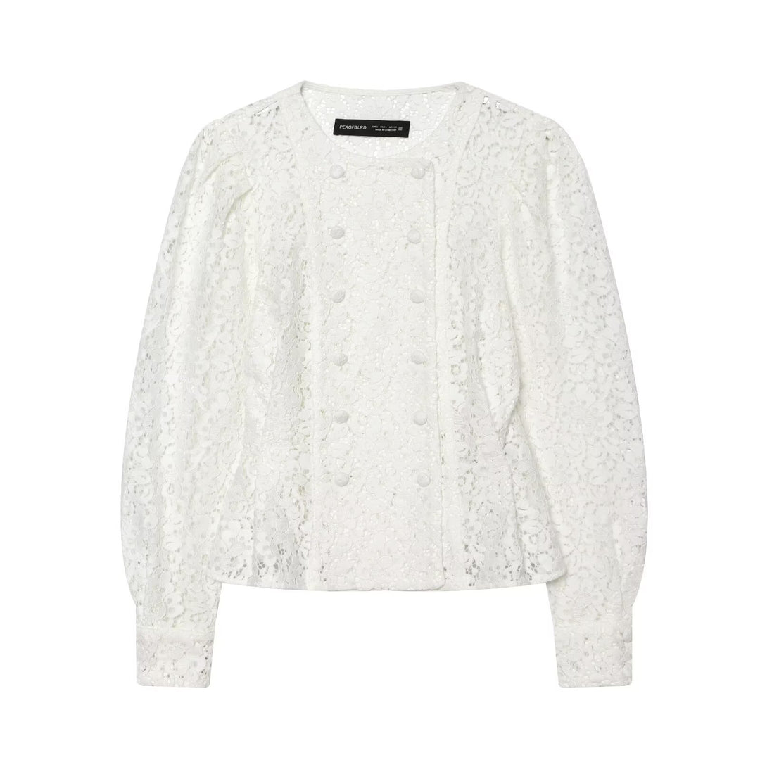 Women's Lace Jacket with Delicate Floral Lace, Decorative Button Placket and Balloon Sleeves Mune Fashion