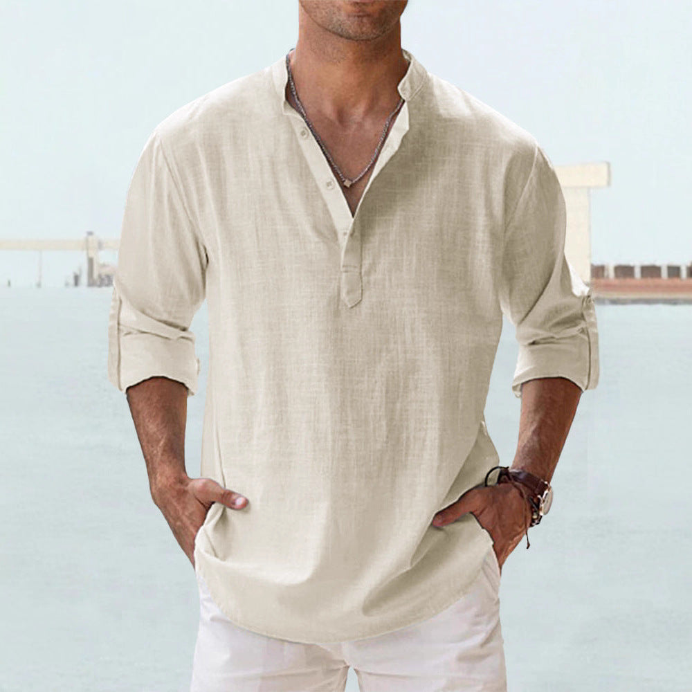 Men's nan casual linen henley shirt with stand-up collar, roll-up sleeves, and rounded hem Mune Fashion