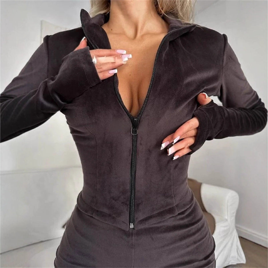 Women's fitted velour overall with half zip, hood, and flared sleeve Mune Fashion