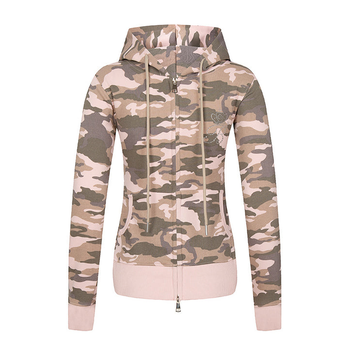 Women's hoodie sweatshirt jacket with two-way zipper, camouflage print and rhinestone butterfly Mune Fashion