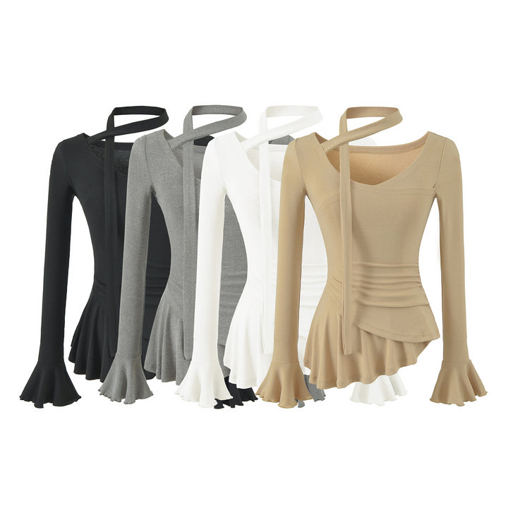 Women's asymmetrical fitted long sleeve top with wrap scarf, flared bell sleeves, and tiered peplum Mune Fashion