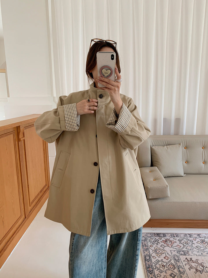 Women Oversized Coat with Stand-Up Collar and Checked Sleeve Hem Mune Fashion