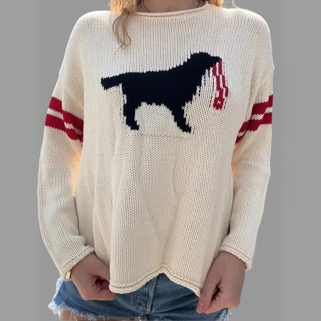 Women’s chunky knit sweater with dog jacquard and sports stripes Mune Fashion