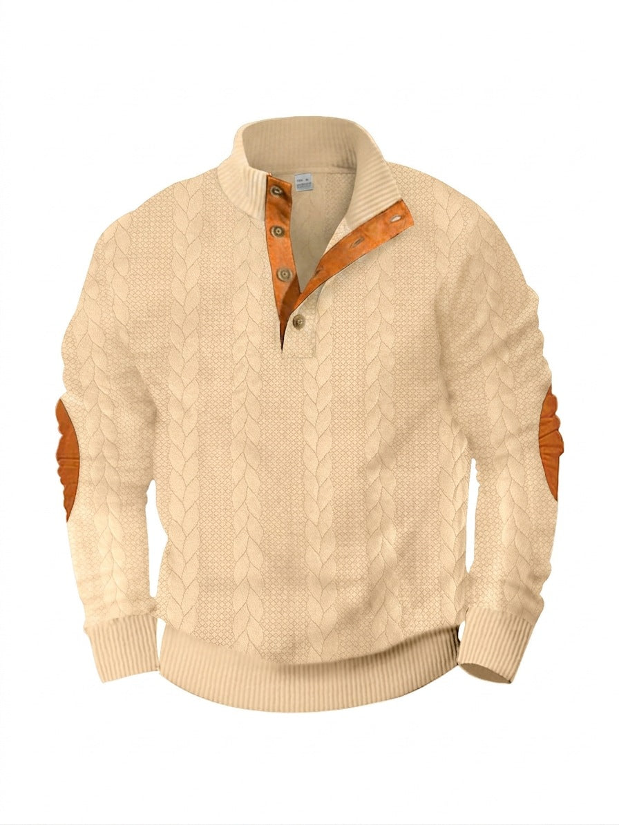 Men's casual cable knit pullover with reinforced button placket and suede elbow patches Mune Fashion