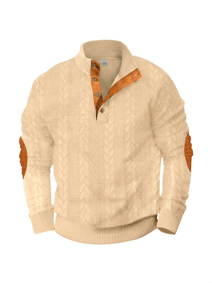 Men's casual cable knit pullover with reinforced button placket and suede elbow patches Mune Fashion