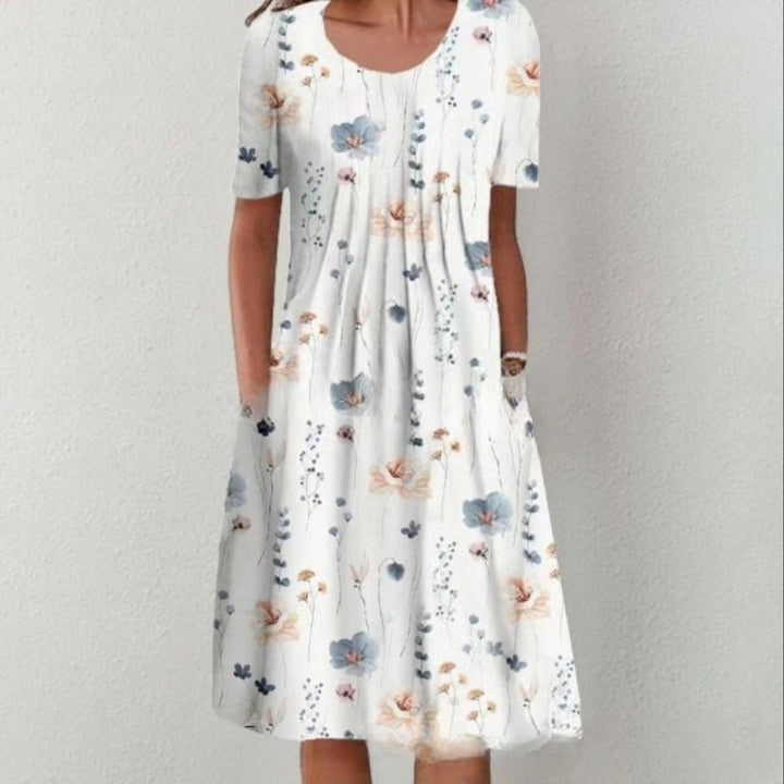 Women Pleated Midi Dress with Short Sleeves, Side Pockets and Floral Hem Mune Fashion